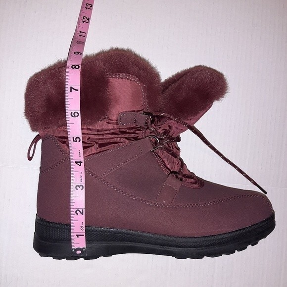 Floopi Faux Fur Boots Burgundy Lace-up Winter Shoes Booties Fleece-Lined Size 10 - Picture 8 of 13